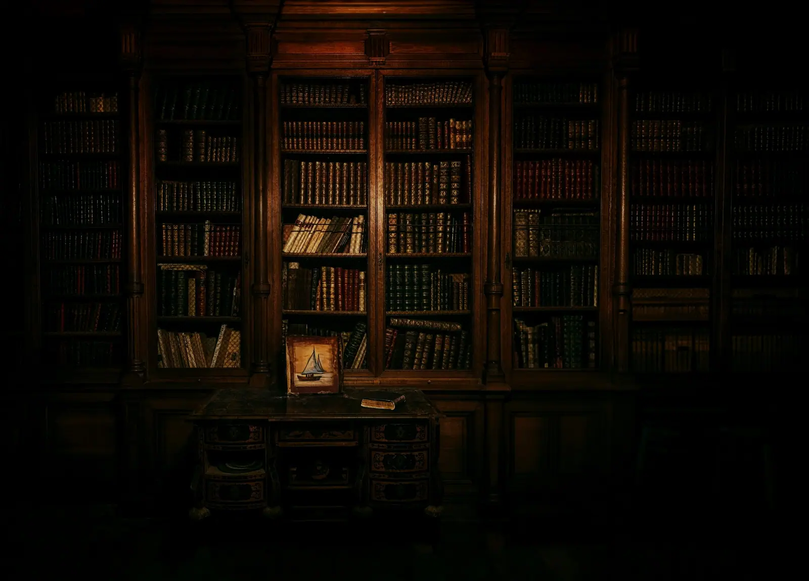 Library shelves in warm light