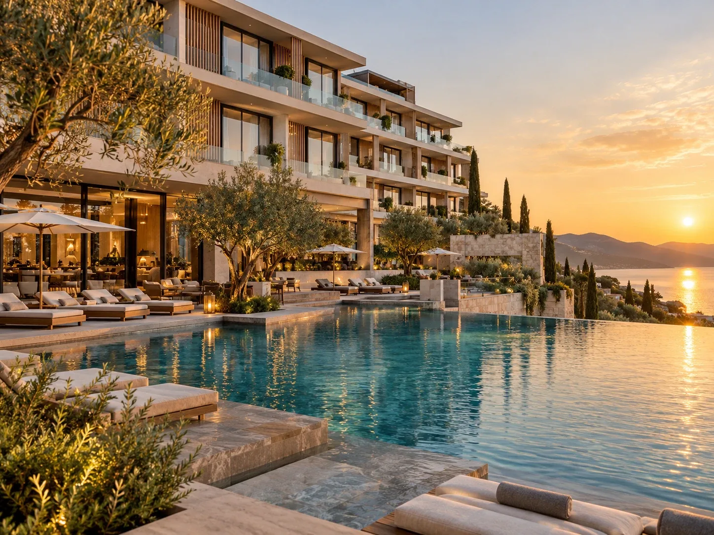 A hotel pool terrace at sunset