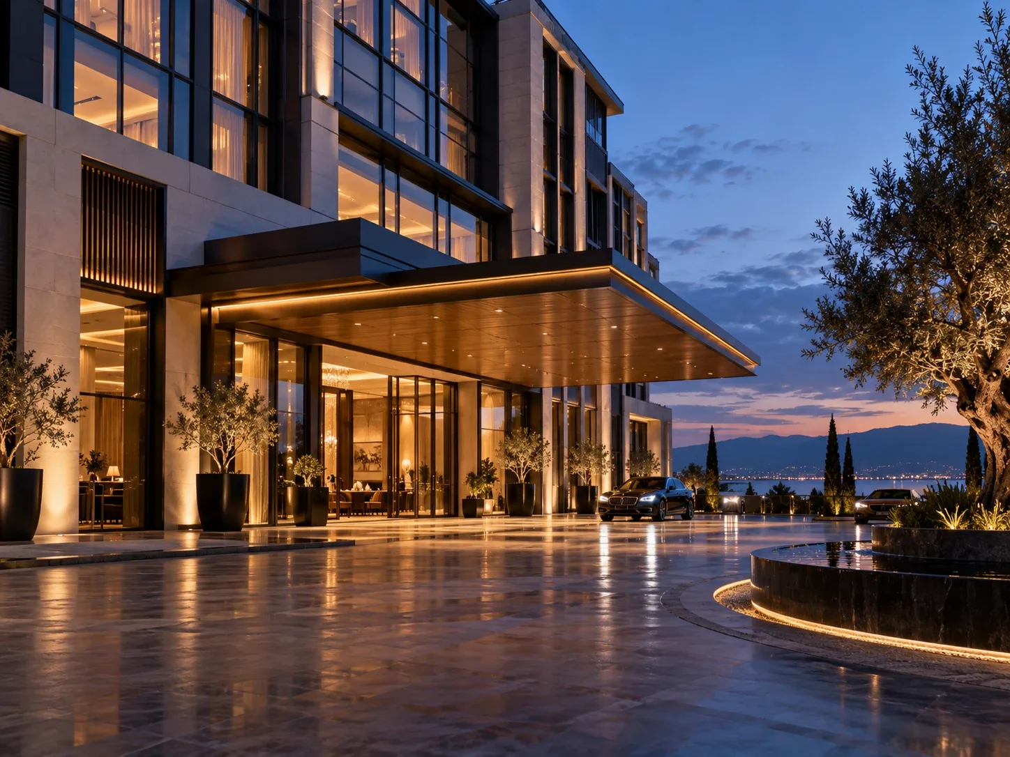 A luxury hotel entrance at dusk
